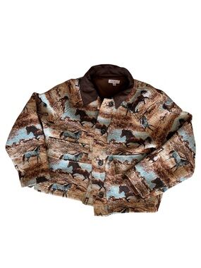 Dot & Lu Horse Print Denim Barn Button-Up Jacket in Brown and Aqua